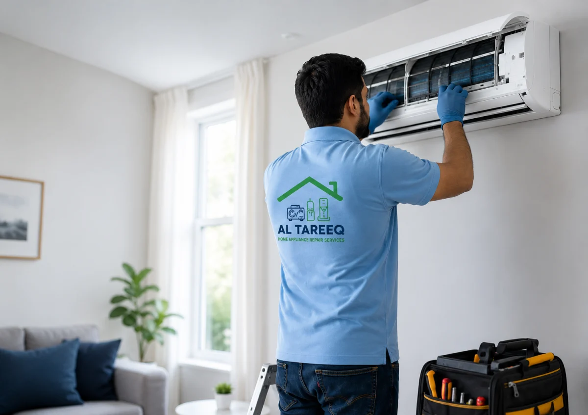 Al Tareeq technician servicing a split AC in Sharjah